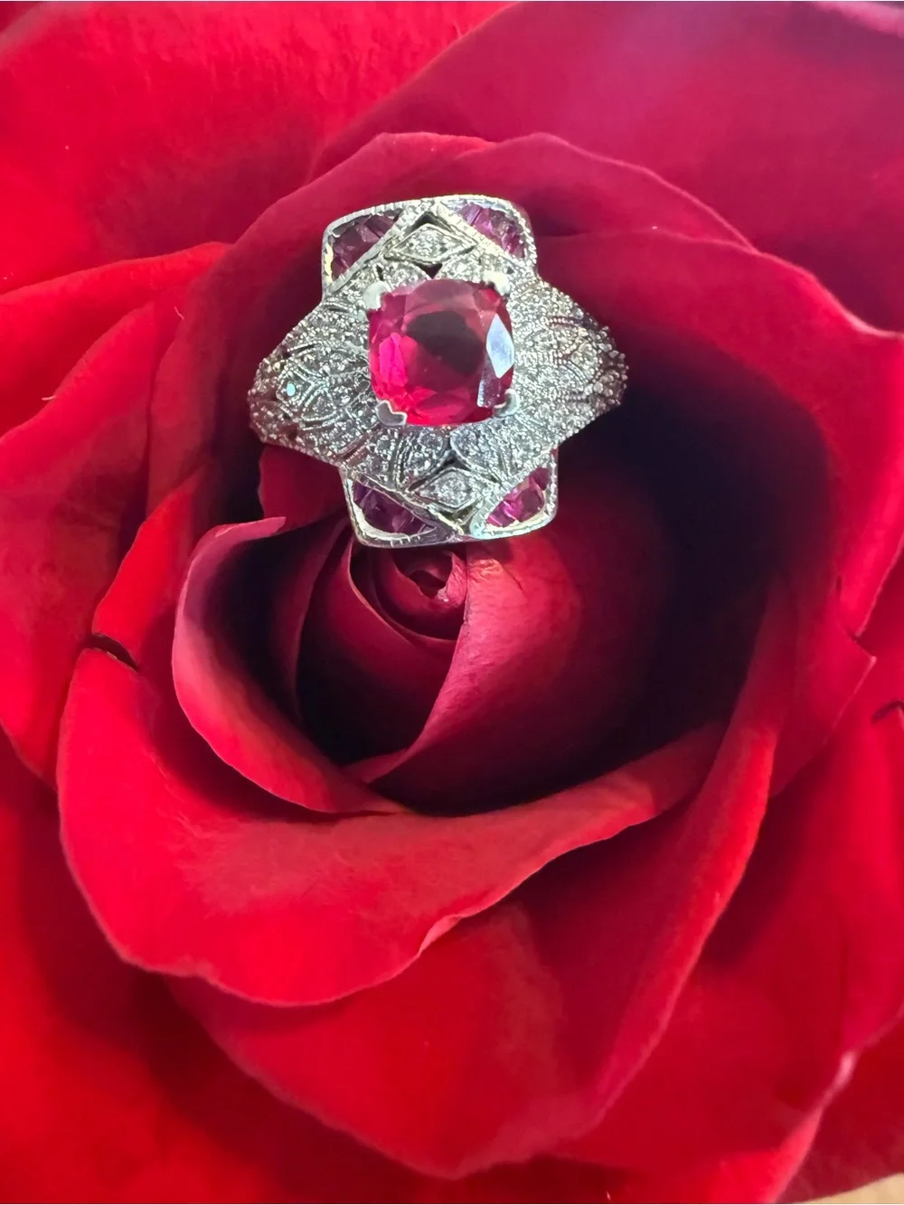 Vintage Engagement Style 925 Sterling Silver Lab Ruby CZ Cluster Ring Size 7